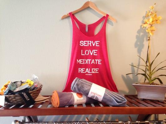 We offer yoga accessories and clothing from brands such as Manduka, I love Yoga, and more!