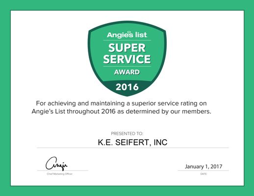 Happy to announce we've received the 2016 Angie's List Super Service Award. Thanks to all our customers for making it possible!