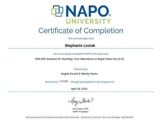 Stephanie is certified in Hoarding Solutions