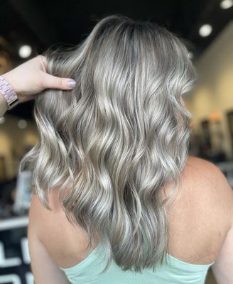 Full Coverage Platinum Blonde Highlights on Shoulder Length Hair