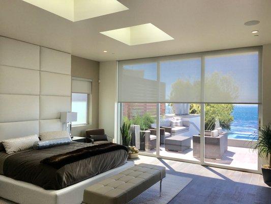 Crestron roller shades for master bedroom, Crestron lighting and skylight shade control as well.