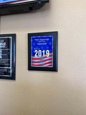 2019 Best of Award for Hemet Transmission and Auto Center.