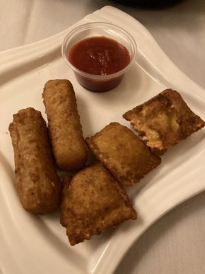 Fried raviolis and fried mozzarella sticks