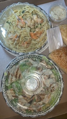 The absolute best shrimp scampi w/ linguine & Grilled chicken caesar salad in Freeport