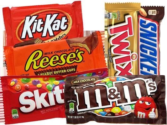 We have your favorite candies like Kit Kat, Reese's Peanut Butter Cups, Twix, Snickers, Skittles, M&M's and more.