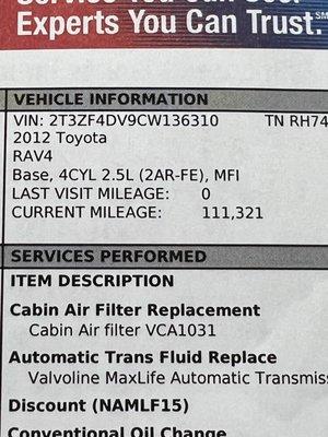 Valvoline invoice 6/24/23 showing 111,321 miles, proving there was less than 1400 miles since the transmission flush that had black fluid!