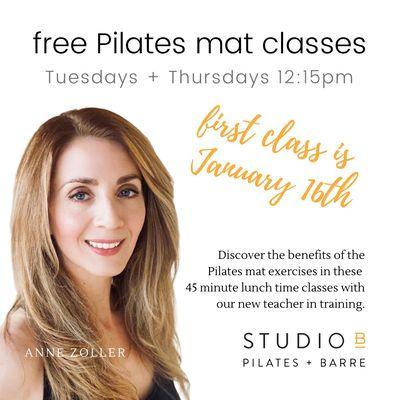 Pilates mat classes taught by apprentice, Anne Zoller. Register for free while they are on the schedule!