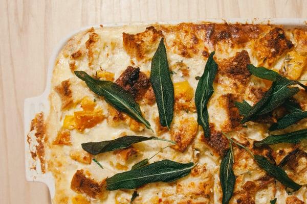 Savory Bread Pudding, Caramelized Onion, Butternut Squash, Piave and Sage for Kinfolk Magazine