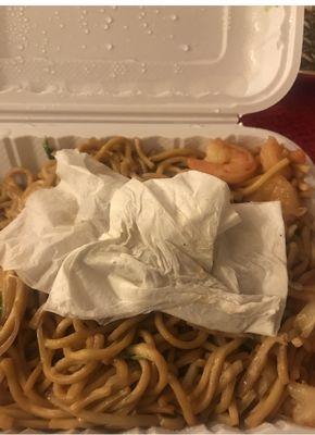 Used tissue in Shrimp Lo Mein