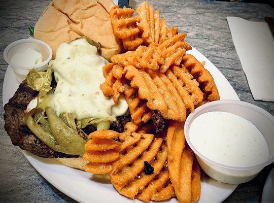 Ortega burger with crinkle-cut sweet potato fries & a side of ranch dressing