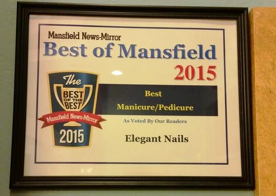 We are very pleased to accept the honor of being voted "The Best Manicure/Pedicure Nail Salon in Mansfield, TX".