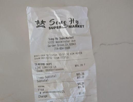 Receipt for 6.5 lb lobster as of September 2024, $12.99/lb = $85.28