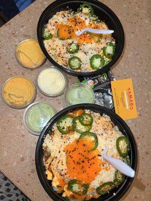 Poke bowls with a side of spicy mayo, wasabi mayo and Japanese mayo