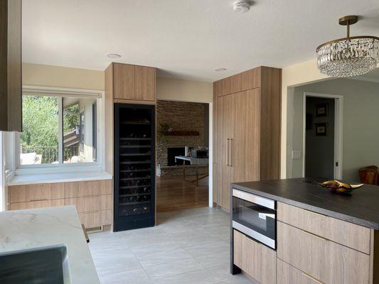 Kitchen with the built in refrigerator