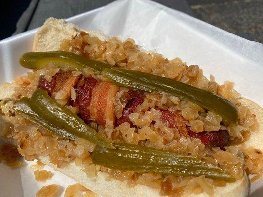 Best damned hot dog wrapped in BACON and all the fixins!