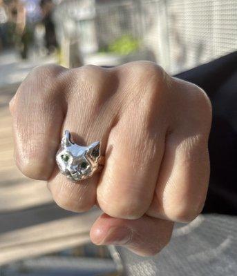 Silver Cat Ring with Emerald Eyes