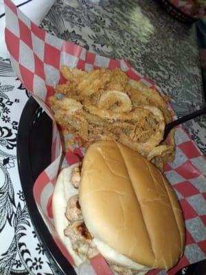 Grilled chicken sandwich with onion rings