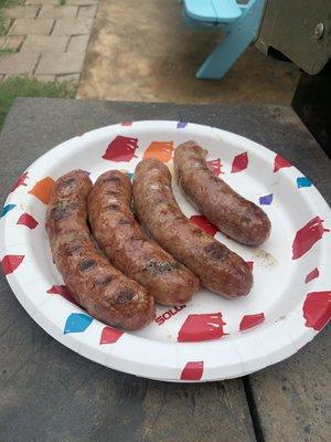 Delicious garlic and onion brats.