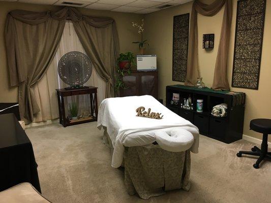 Massage room.  Relax while you receive a therapeutic massage.