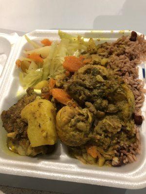 curry chicken on rice and beans with cabbage