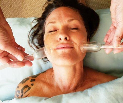 Facial cupping, stimulates circulation, detoxifies, firms -tones skin reduces wrinkles.