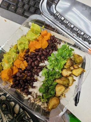 King Wah - Quinoa Salad with Sweet Potato, Black Beans, Brussel Sprouts, Onions, Cilantro and a large choice of add ons.