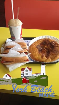 4 hot dogs, a root beer float, and fried dough with butter and cinnamon