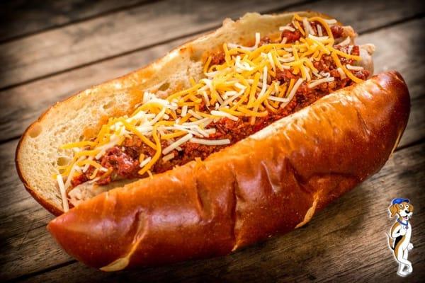 Fredericksburg: Bratwurst, Smoked Chili & Cheese on a Pretzel Bun