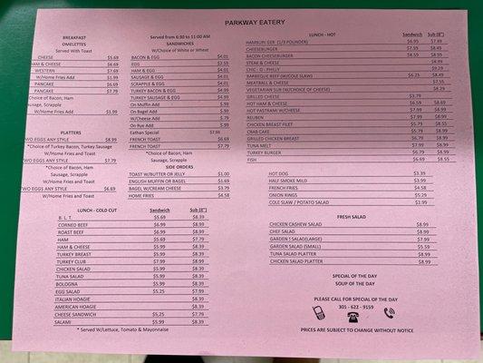 Updated menu prices 12/24/22