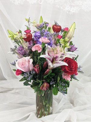 Valentine roses and stargazer lily mixed bouquet