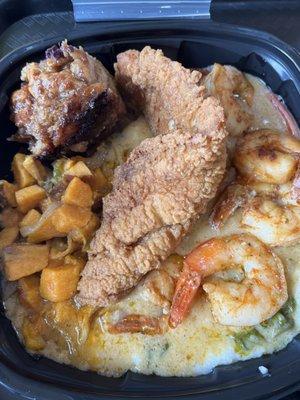 Shrimp and grits, fish, sweet potato hash and bread pudding.