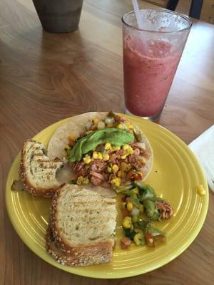 Jackfruit tacos, herbed grilled cheese and portobello melt. Watermelon mint lemonade