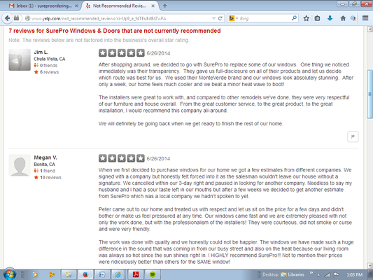 Yelp has filtered out SEVEN 5/5 Star reviews! Here are a few reviews from happy SurePro Clients.