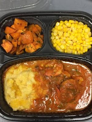 Shrimp and grits, corn, sweet potatoes