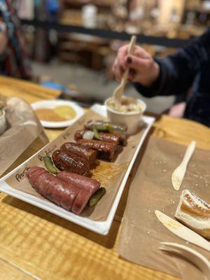 Sausage Sampler w/several choices of German mustards AND German potato salad