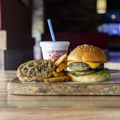 Our Kids Cheeseburger Meal, with Fudd Fries, kid's drink, and a cookie!