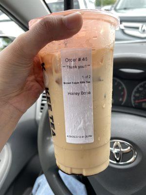 Brown Sugar Milk Tea (already mixed) with honey boba but no boba included :(