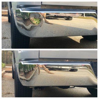 Before and after rear bumper repair of Dodge Ram 1500