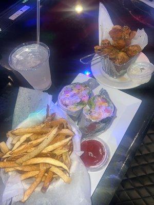 Fries, wrap, wings, drink