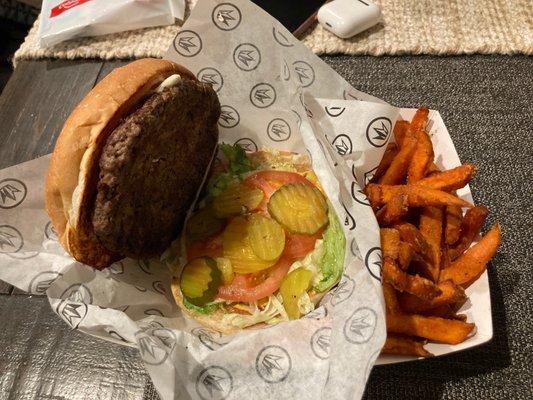 Half Pound Burger and Sweet Potato Fries. Looks good!