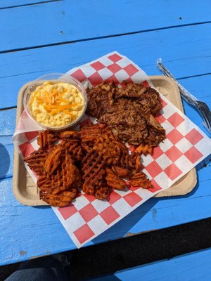 Pulled pork, sweet potato fries, and Mac n cheese.