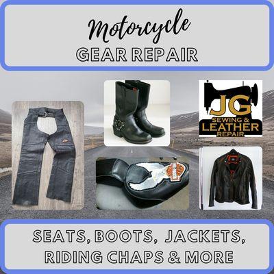 We repair motorcycle gear including sets, chaps, jackets, shoes, and sew patches too!