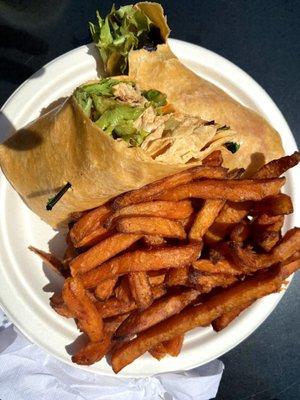 Buffalo chicken wrap (grilled)  with sweet potato fries