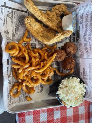 Catfish. Slaw. Hushpuppies. Fries