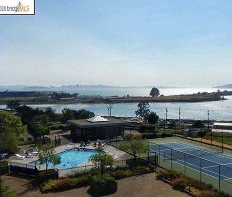 View of SF Bay from Gateview showing swimming pool and tennis court.