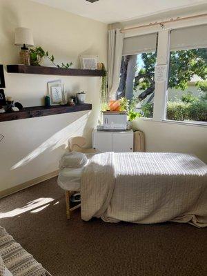 The massage office, complete with aromatherapy, plants, and music for a relaxing atmosphere.