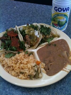 #2 three tacos w/ rice and beans. $5.99.