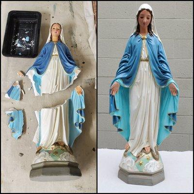 Badly broken plaster statue. Restored and repainted.