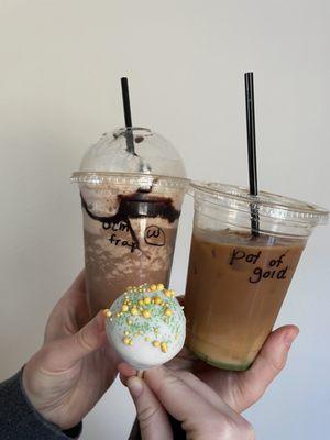 Pot of Gold 16 oz. (seasonal drink), DCM Signature Frappes 16 oz., cake pop (limited edition + supply)