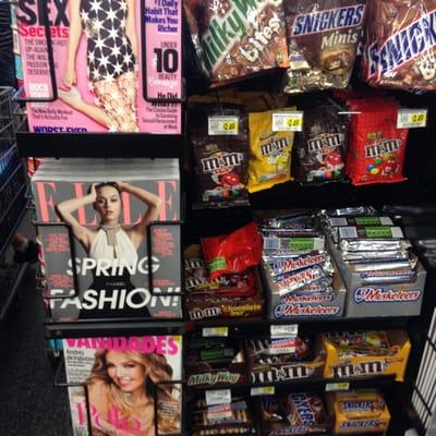 Magazines and snacks at the checkout line